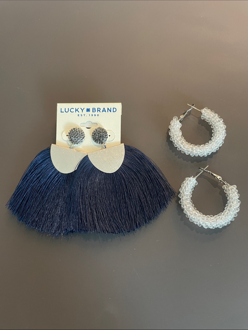Lucky Brand Navy Fringe/INC Inter. Concepts Clear Beaded Hoops Earrings Bundle